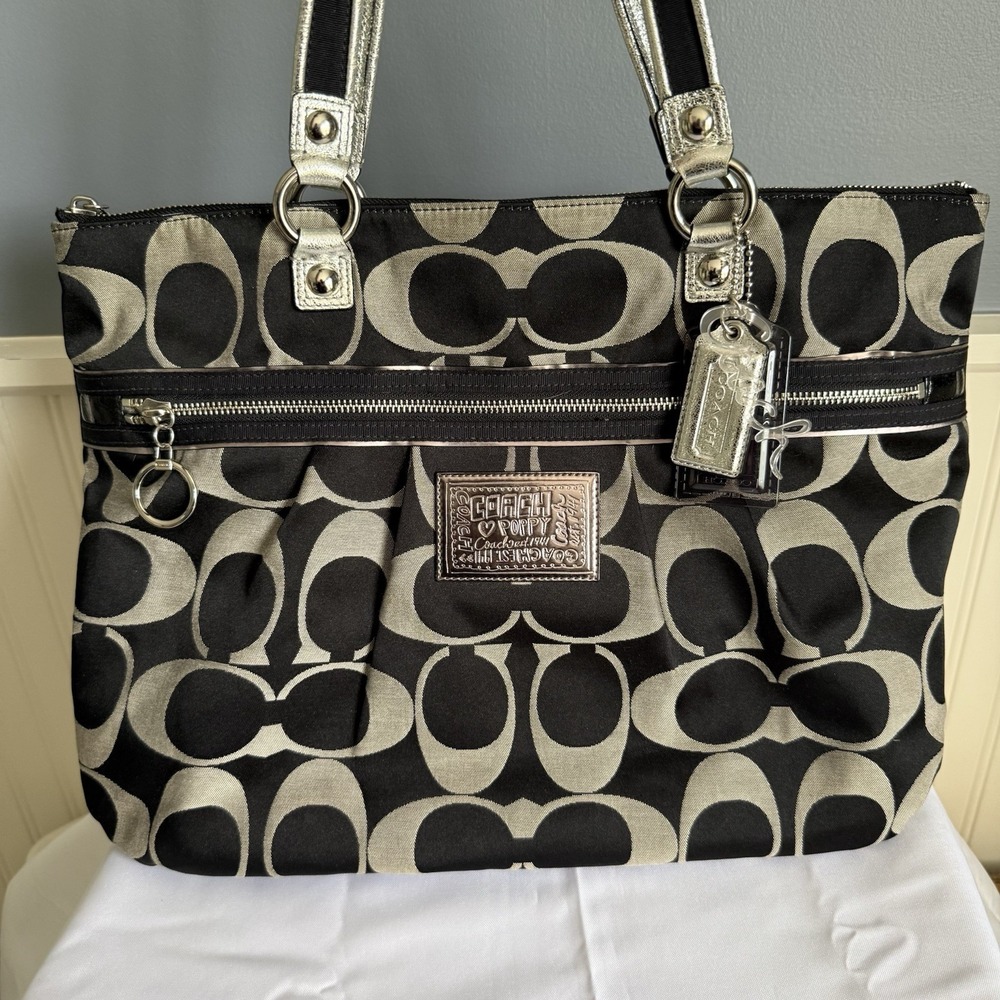 Coach Poppy Large Shoulder Tote Bag Purse Black Silver Shopper Signature C - Picture 1 of 16